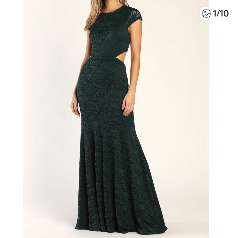 Lulu's Lovely Allure Dark Teal Lace Capped Sleeve Prom Evening Gown Size Medium